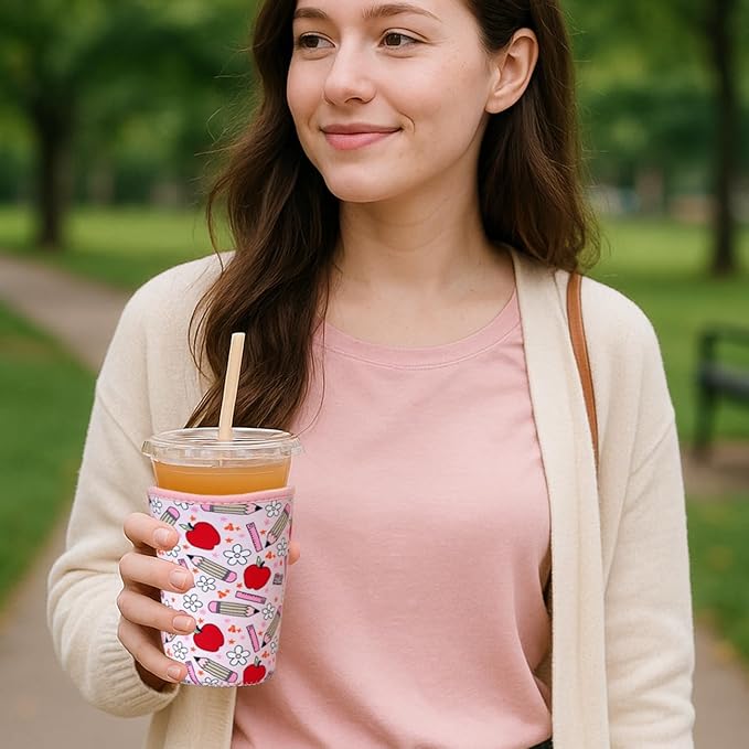 Reusable Insulated Neoprene Iced Coffee Cup Sleeve, Durable Drink Sleeve for Cold Beverages, Beverage Holder for Iced Coffee, Teacher Treasure
