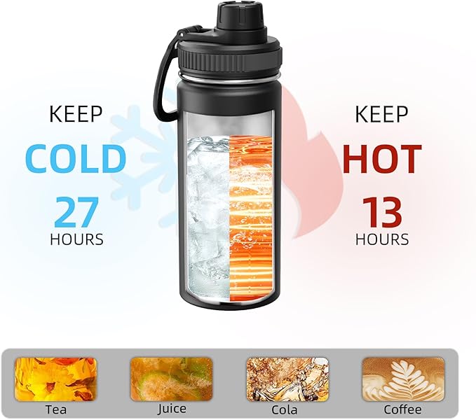 SASEUM Kids Sport Water Bottle 16oz Stainless Steel Double Wall Vacuum Thermal Mug with Leak Proof Spout Lids, Wide Mouth Metal Insulated Water Jug for Gym and Travel（Black）