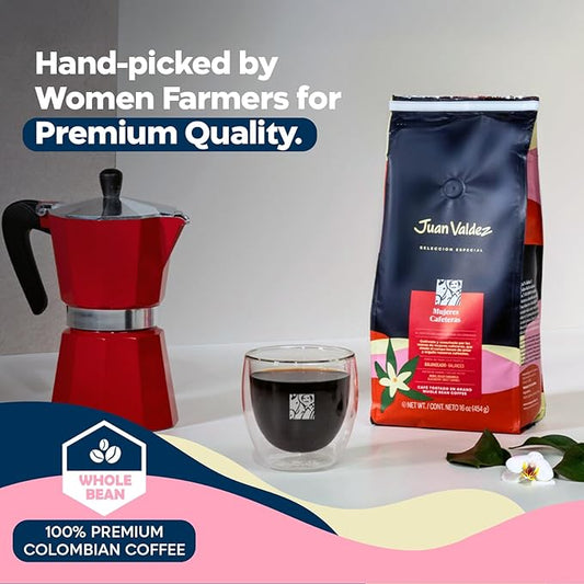 Juan Valdez Mujeres Cafeteras Whole Bean Coffee - Medium Roast Coffee Beans | 100% Colombian Coffee | 16 oz / 454 gr | A balanced coffee with flashes of sweet vanilla, cherry, blackberry and caramel notes