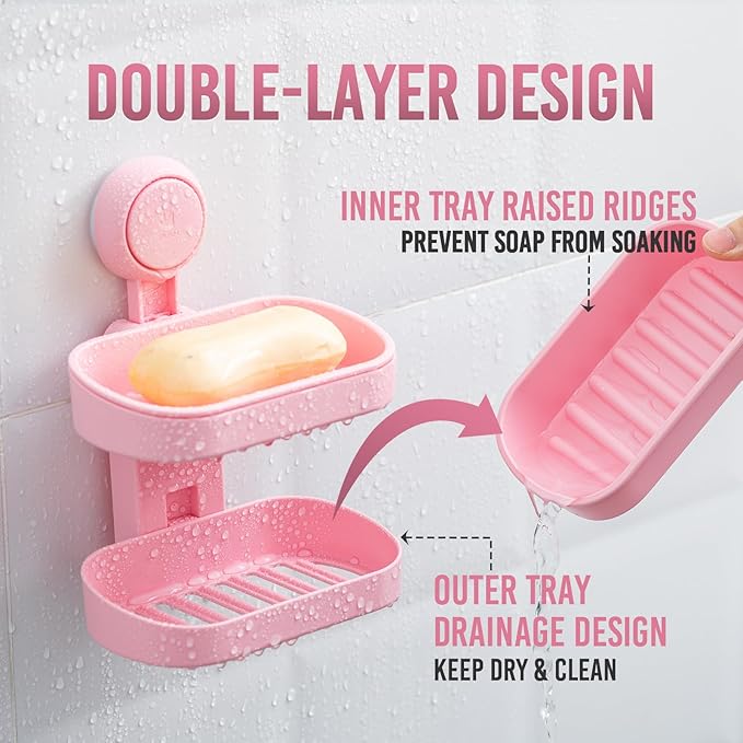 TAILI Double Layer Soap Dish Holder Suction Cup, Strong Sponge Holder for Shower, No Tools Soap Saver for Bathroom, Tub and Kitchen Sink, Shower Accessories, Drill-Free, Removable, Pink