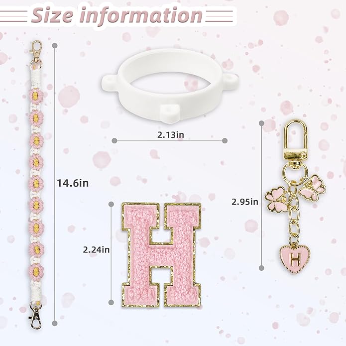 Compatible with Owala Water Bottle Accessories, Cute Letter Charm Set with Boho Handle Strap, Monogram Sticker, Silicone Ring, Keychain Decoration, for FreeSip 24 32 40oz, Owala Kids, Tumbler Gift