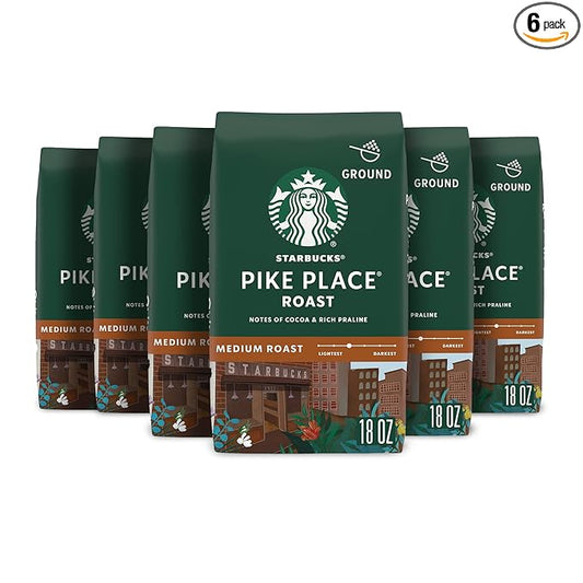 Starbucks Ground Coffee, Medium Roast Hot or Iced Coffee, Pike Place Roast, Six 18 oz Bags