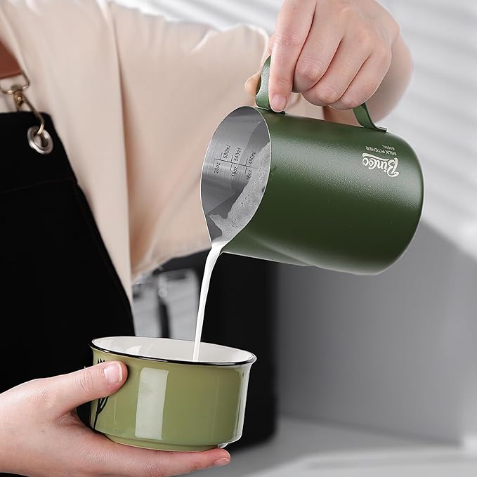 Milk Frothing Pitcher – Stainless Steel Latte Art Pitcher for Steaming and Frothing Milk – Espresso Coffee Milk Jug with Handle – Barista Tool for Latte, Cappuccino(Green-12oz)