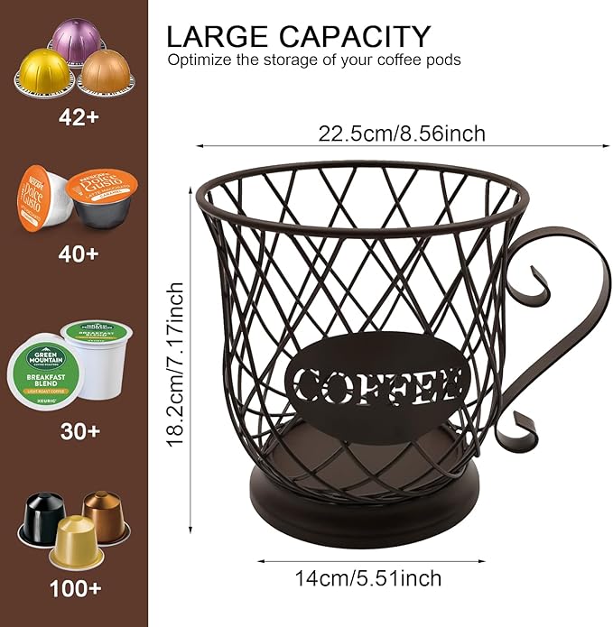 Coffee Pods Storage Basket, Capsule Holder for 35 K Cup Organizer, Basket Decor for Bar Countertop-Brown