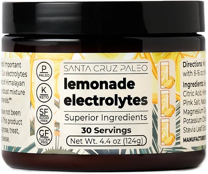 Santa Cruz Paleo Electrolyte Powder, Lemonade Flavor, Sugar Free Hydration Drink Mix with Himalayan Pink Salt, Sea Salt, Magnesium Glycinate, Potassium Chloride, Sweetened with Stevia, 30 Servings