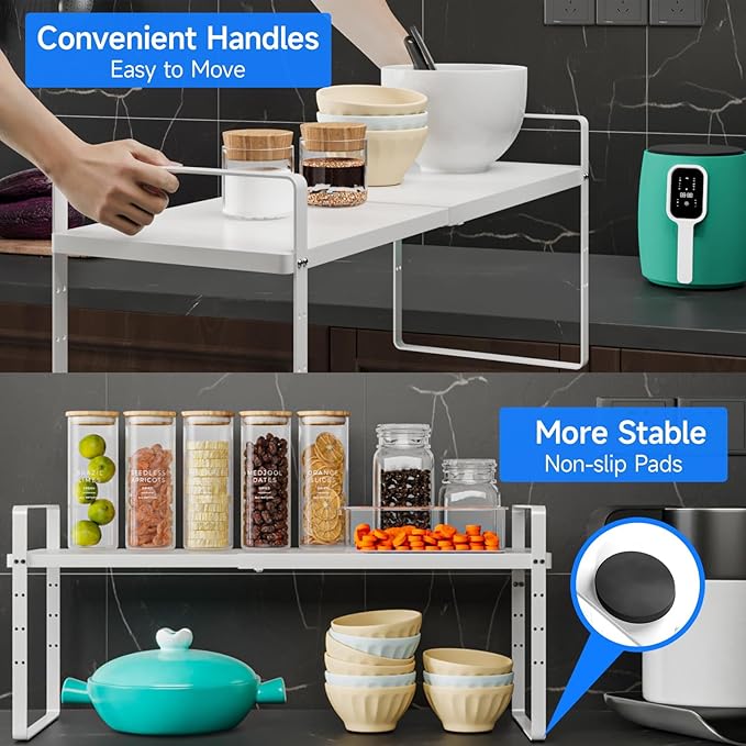 KIKIBRO Expandable Cabinet Shelf Organizer, Stackable Kitchen Pantry Counter Storage, Adjustable Closet Cupboard Stand Rack Risers Spice Organization, 80LBS Heavy Duty, White 3 Pack
