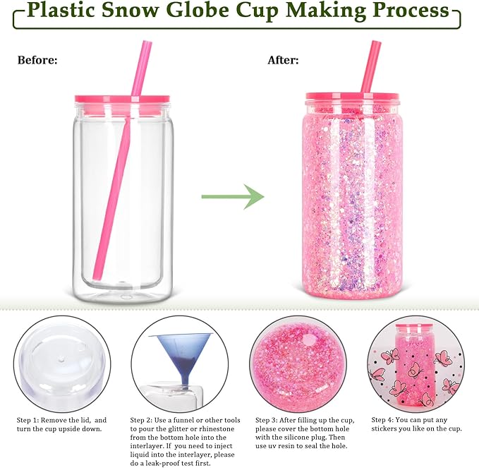 16 Oz Plastic Snow Globe Tumbler with Lid and Straw, 6 Pack Double Wall Pre Drilled Plastic Mason Jar Cups Can for Snow Globe Glitter DIY Gift(Mixed Colors)