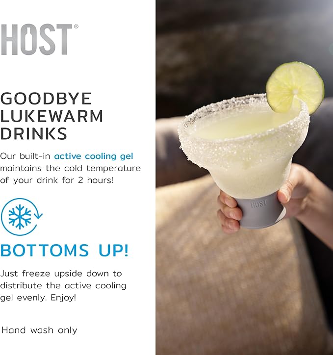 Host Glass Freeze Stemless Margarita Glasses Drinking Set, Insulated Cocktail Glass Set with Silicone Band, 12oz Margarita Glasses Set of 2 in Gray