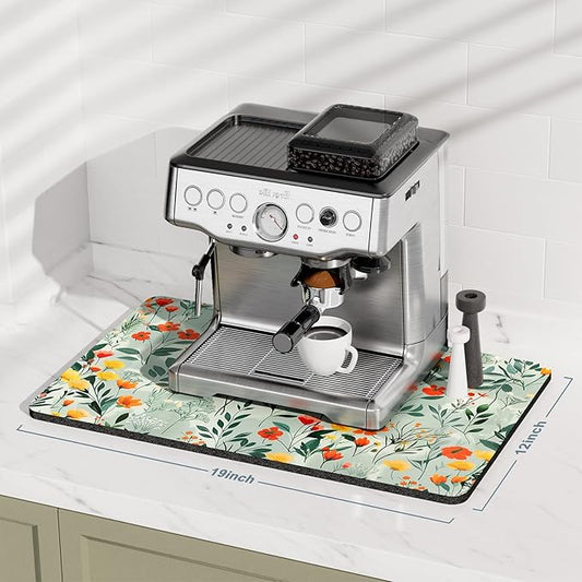Rnivvi Coffee Mat, 12" x 19" Cute Coffee Bar Mats for Espresso Machine Station Accessories and Organizer, Hide Stain Rubber Backed Absorbent Dish Drying Pad for Kitchen Counter, Abstract Flowers