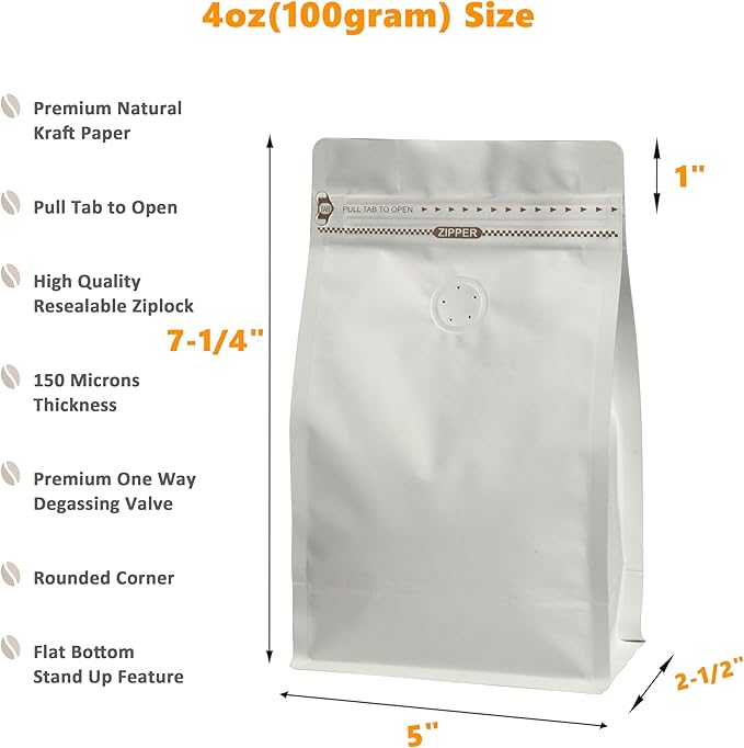 White Kraft Coffee Bags with Side Gusset, Resealable Stand-Up Coffee Pouches with Side Zipper, Degassing Valve for Coffee (Size: 3.75 x 7.25", 4oz/0.25lb, Pack of 50)