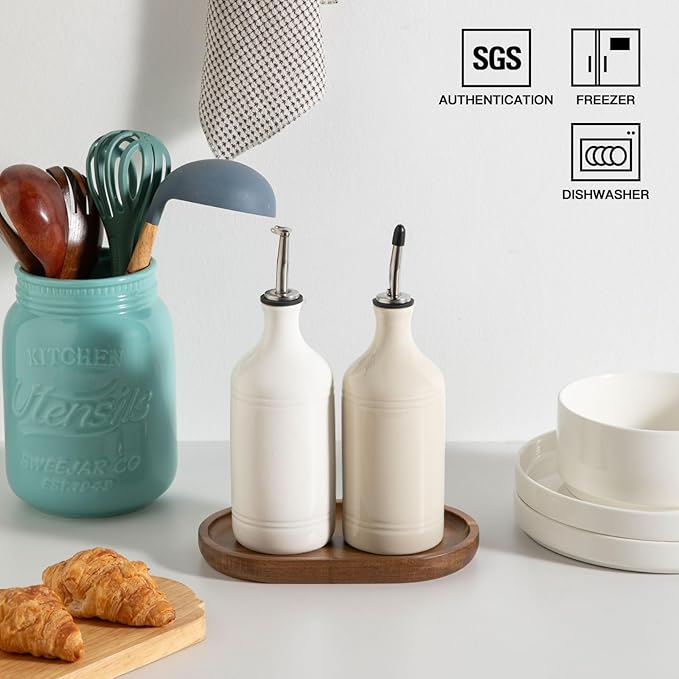 Sweejar Ceramic Olive Oil Dispenser Bottle Set, Opaque Oil Cruet Protects to Reduce Oxidation, Suitable For Storage Of Vinegar, Soy Sauce & Other Liquids,Pack of 2,15.5 Fl Oz（White Beige）
