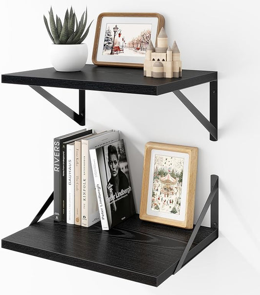 Deep Floating Shelves Wall Mounted, 16"x12" Black Wall Shelves with Brackets Set of 2 for Bedroom, Living Room, Bathroom, Kitchen, Office - Storage & Display Shelf for Decor, Books, Plants