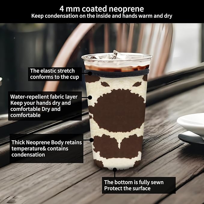 Reusable Neoprene Insulator Sleeve for Iced Coffee Cold Soda Cups, Cute Durable Drink Sleeve for Cold Beverages, Medium 22-28oz Cup Sleeve Cute Cowhide Print