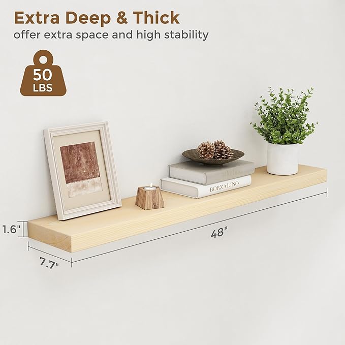 Marsmiles Floating Shelves for Wall - 48 Inch Unfinished Natural Wood Floating Shelves Set of 1-48 Inch Wide x 7.7 Inch Deep x 1.6 Inch Thick Natural Wooden Shelves for Room Wall