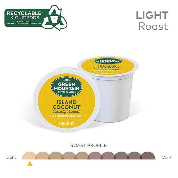 Green Mountain Coffee Roasters Island Coconut Keurig Single-Serve K-Cup Pods, Light Roast Coffee, 96 Count (4 Packs of 24)
