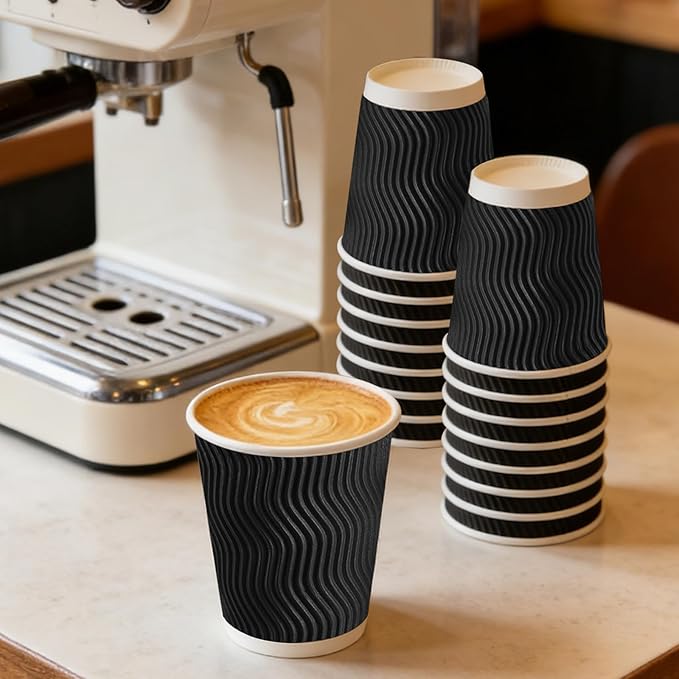 BYSNOW 100 Pack 8 oz Coffee Cups with Lids, Disposable Insulated Hot Cups To Go Paper Coffee Cups, Corrugated Ripple Wall Cup for Hot Drink, Office, Coffee Bar (Black 8 oz)