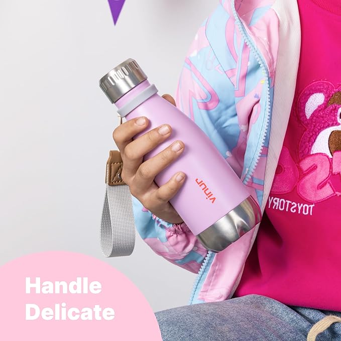 VINUR Kids Water Bottle-12 oz Stainless Steel Double Wall Vacuum Insulated Water Bottle for School-Cola Shape Flask with Carry Rope(Purple Pink)