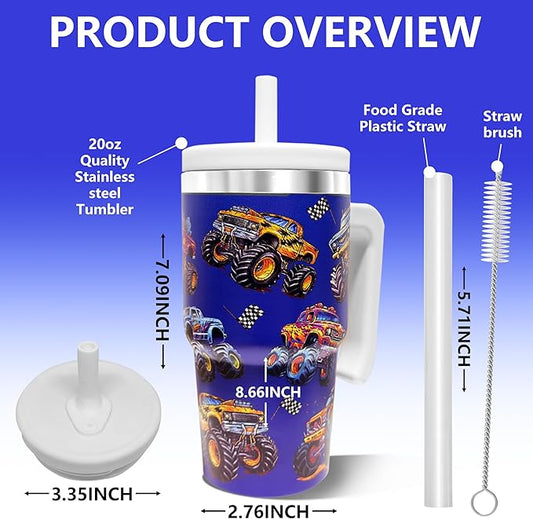 20-OZ Insulated Water Bottle,Insulated Stainless Steel Tumbler,Reusable Cold Drink Thermos,BPA-Free, Double-Wall Stainless Steel Water Bottle (Dark blue-Monster truck, 20, Fluid Ounces)