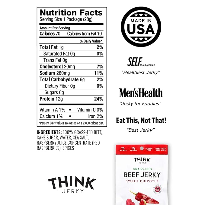 Think Jerky Sweet Chipotle Beef Jerky, Grass-Fed High Protein Beef, Gluten Free, No Antibiotics or Nitrates, Healthy Chef Crafted Recipe, Low Calorie and Low Fat - 1.0 oz Bags, 8 Pack