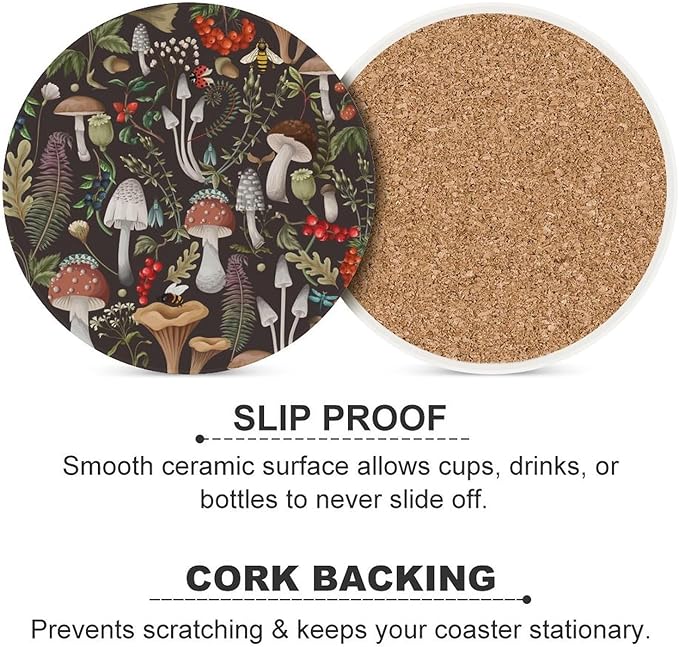 Round-6PCS Botanical Ceramic Coasters, Round Absorbent Drink Coasters, Vintage Cartoon Abstract Botanical Mushroom Plants Pattern Ceramic Table Coasters for Coffee, Beverage, Wine, Beer Coasters