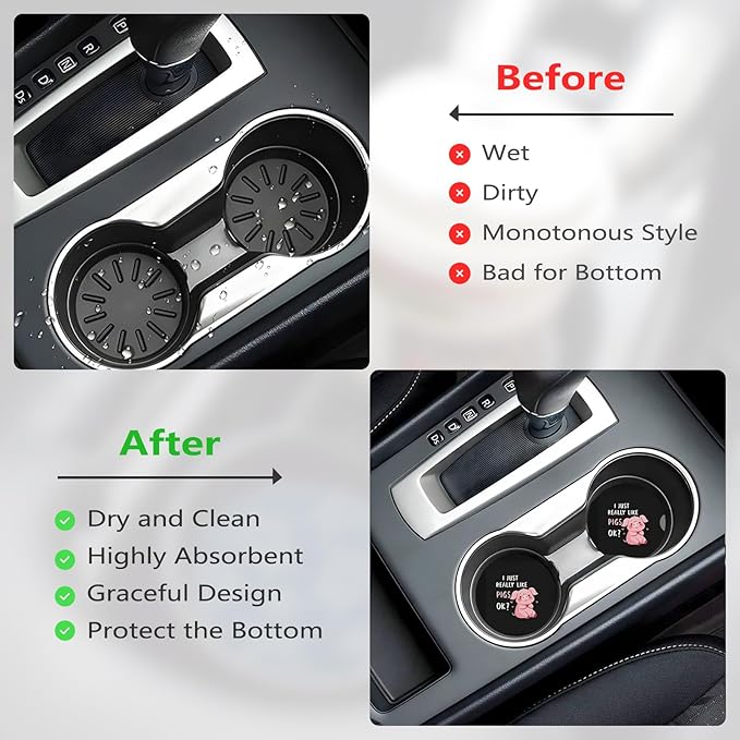 Car Cup Holder Coasters, 2 Pcs Ceramic Coasters with Finger Slot and Cork Back, Anti-Slip Shock Absorbing Women and Men Universal Car Accessories - Pigs