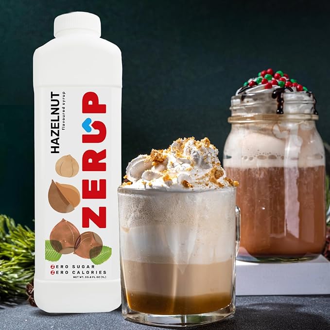 Zerup Zero Sugar Hazelnut Syrup, Sugar-Free Coffee Syrup, Zero Calories and Sugar, Keto Friendly, Ideal for Lattes, Cappuccinos, Espresso, Americano, Indulgent Taste 33.8 Oz (1L), Pack of 4