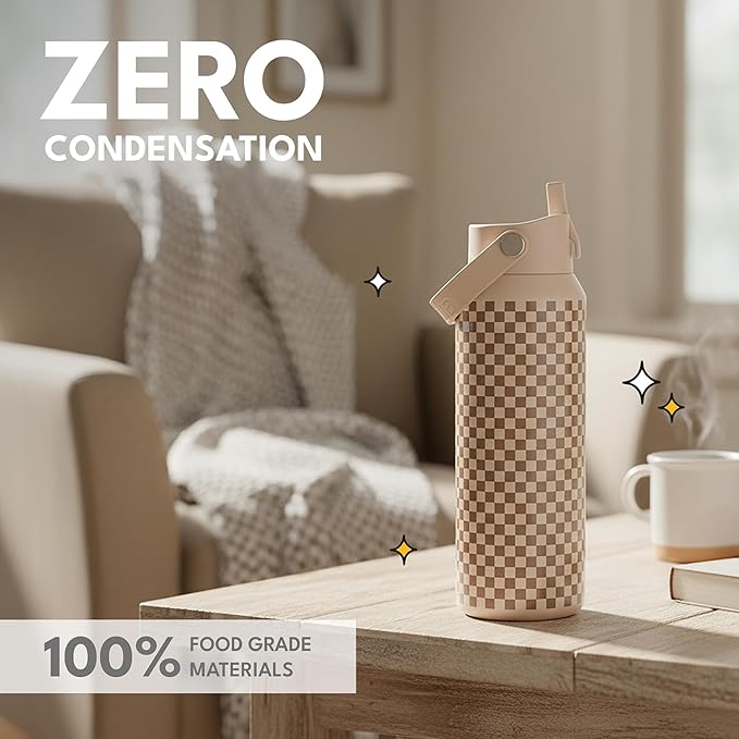 Elemental 40oz Insulated Water Bottle with Straw - 100% Leak-Proof Stainless Steel Core Water Bottles for Travel, Sports and Gym - Double Wall Insulation & BPA Free - Brown Check