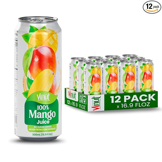 VINUT 100% Mango Juice, No Sugar Added, Never From Concentrate, 16.9 fl oz (500 mL) Can, Pack of 12