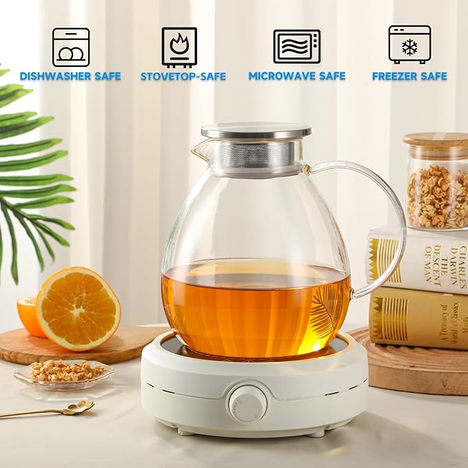 GURUDAR 68OZ/2000ML One Touch Glass Teapot with Stainless Steel Filter Lid, Stovetop & Microwave Safe Tea Maker Water Kettle, Strainer & Cover 2 in 1 Loose Leaf Tea Steeper Pot Coffee Carafe