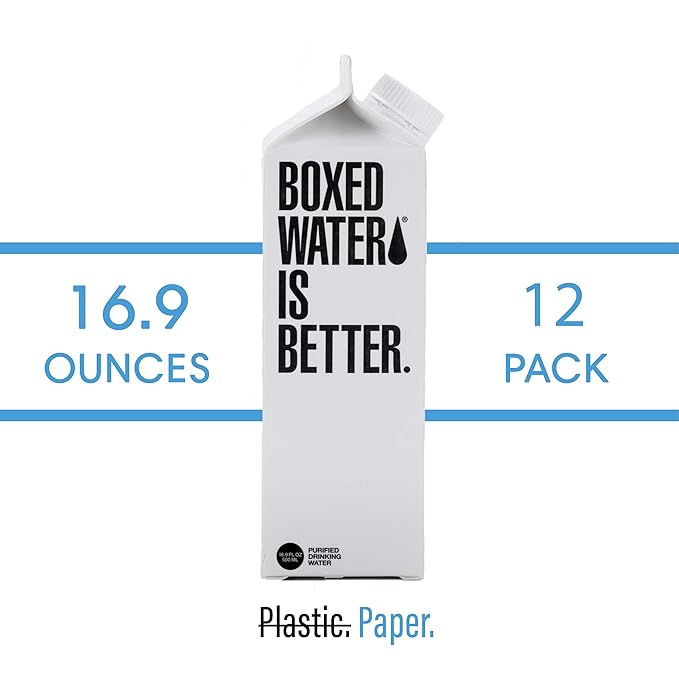 Boxed Water 16.9 oz. (12 Pack) – Purified Drinking Water in Plant-Based Cartons – BPA-Free, Refillable, Reusable – More Sustainable than Premium Plastic Bottles