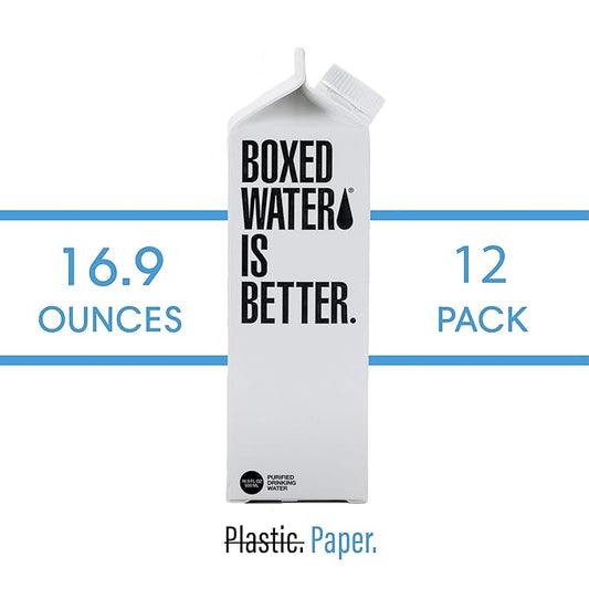 Boxed Water 16.9 oz. (12 Pack) – Purified Drinking Water in Plant-Based Cartons – BPA-Free, Refillable, Reusable – More Sustainable than Premium Plastic Bottles
