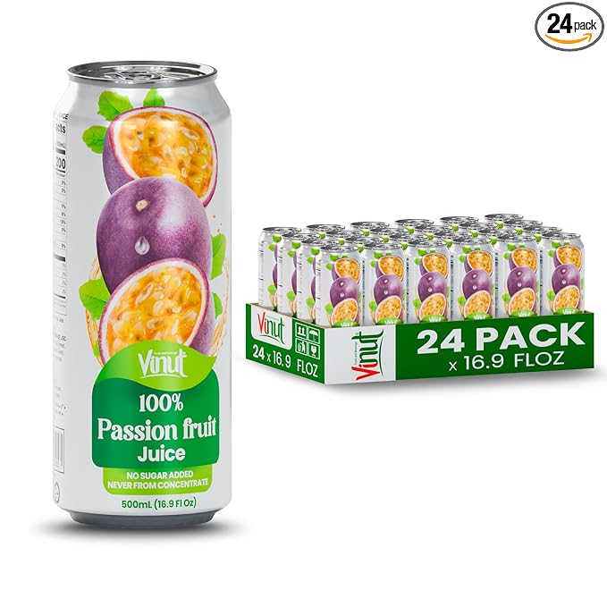 VINUT 100% Passion Fruit Juice, No Added Sugar, Not From Concentrate, 16.9 fl oz (500 mL) Can, Pack of 24