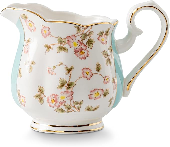 Retro Floral Porcelain Creamer Pitcher, Coffee Milk Pitcher Jug, Small Cream Syrup Dispenser for Serving Sauces Salad, Microwave & Freezer Safe, 10oz