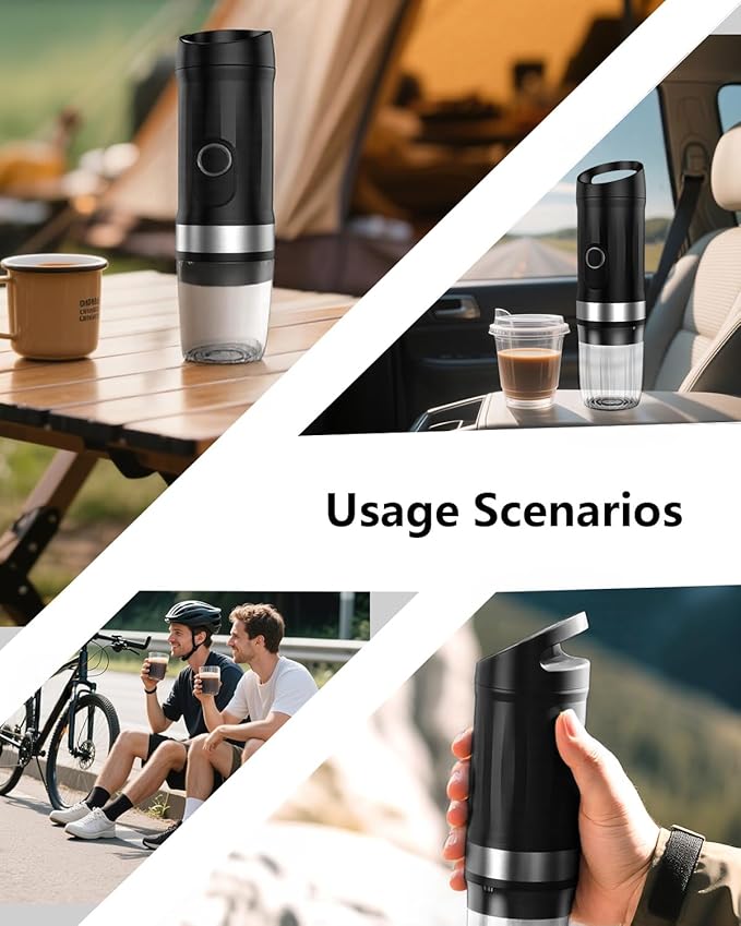 Portable Espresso Machine 3Minute Auto Heat12V Rechargeable Electri Coffee Maker 20 BaCompatible with NS DG Capsules and GroundCoffee for Camping, Travelling RVing HikingandOffice (‌Charcoal black)