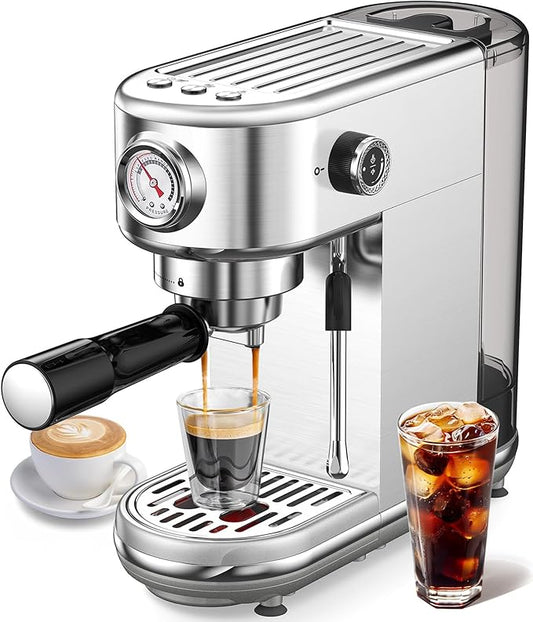 Espresso Machine with Milk Frother, 20 Bar Pressure Espresso Maker, Automatic & Manual, Compact Stainless Steel Coffee Machine for Cappuccino, Latte, Gift for Coffee Lover, Dad or Mom, Silver