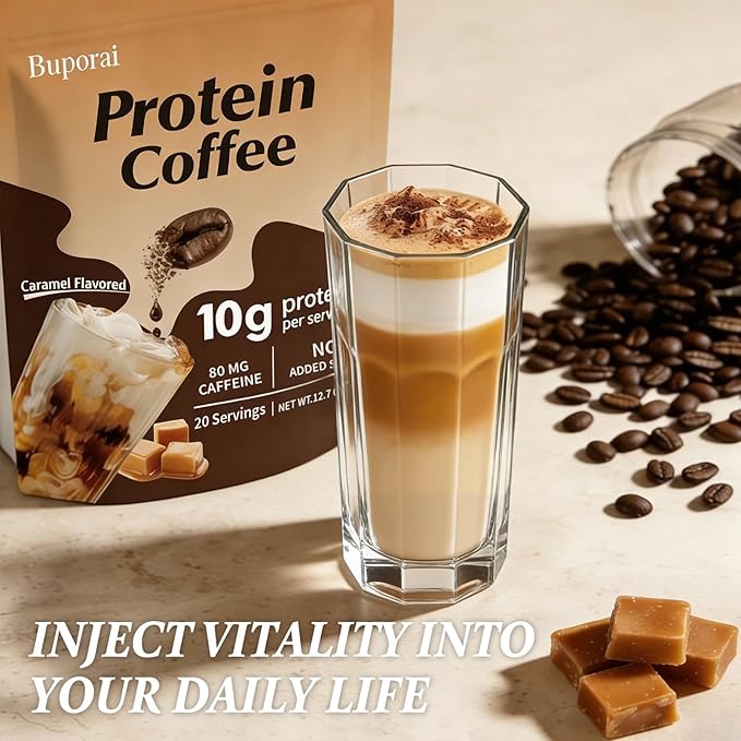 Protein Coffee Powder - Caramel Protein Iced Coffee, 0g Sugar, Keto Friendly, 80 mg Caffeine Per Serving - 20 Servings