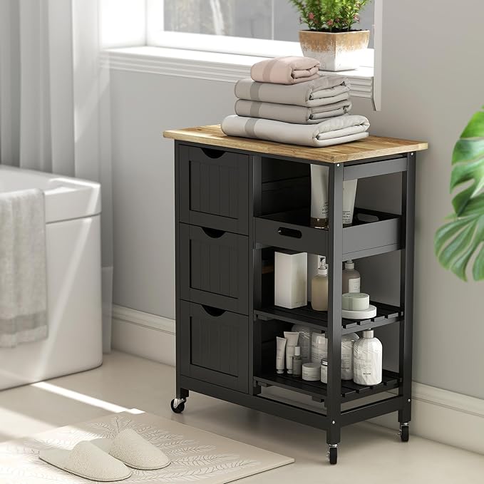 HOMCOM Rolling Kitchen Island Cart, Bar Serving Cart, Compact Trolley on Wheels with Wood Top, Shelves & Drawers for Home Dining Area, Black