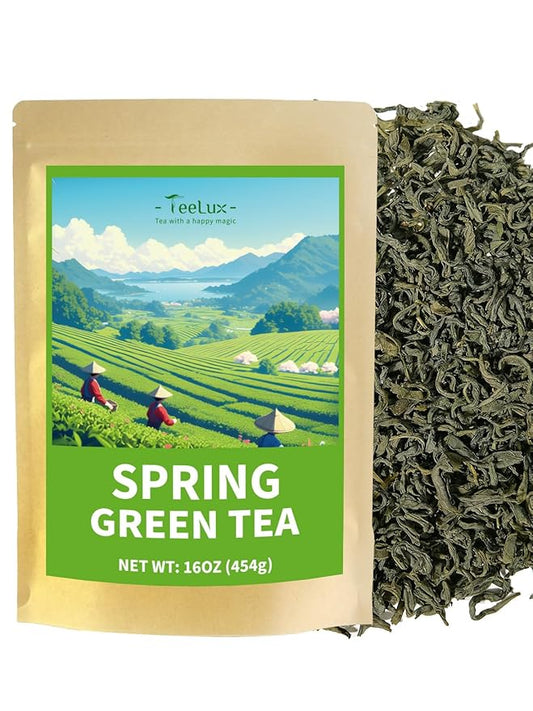 TeeLux Premium Early Spring Green Tea Loose Leaf – 16oz, Handpicked Young Leaves & Buds, Fresh & Mellow Taste