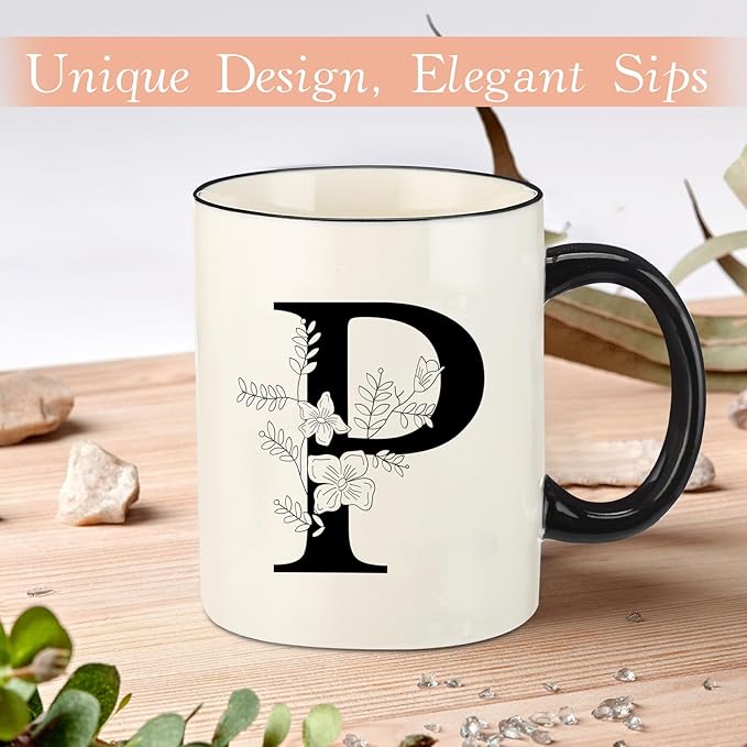 Monogram Ceramic Coffee Mugs, 11 oz Initial Drinking Cup with Gift Box, Unique Birthday Christmas Gifts for Women Wife Mothers Day Grandma Mom Aunt, P