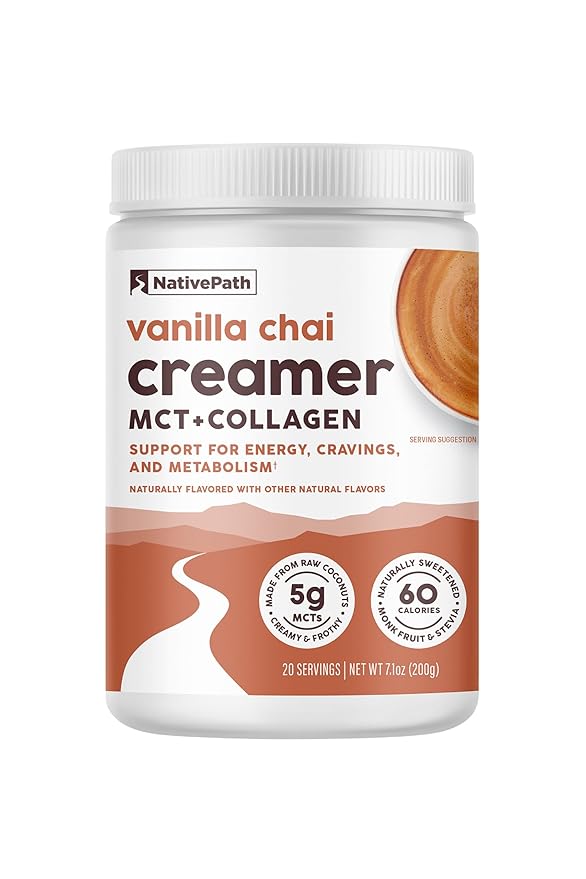 NativePath Vanilla Chai Keto Coffee Creamer, 30 Servings - MCT Oil & Collagen Protein, Sugar Free, Non-Dairy - Grass-Fed, Monk Fruit Sweetened (7.1 oz)