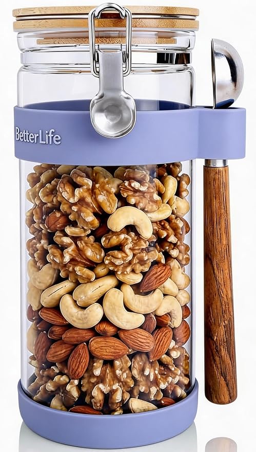 Airtight Glass Nuts Storage Jar with Spoon (50 oz / 1.5L) – Large Food Canister with Bamboo Sealed Lid for Nuts, Walnuts, Cashews, Almonds – Keeps Snacks Crunchy – Pantry Organization Container