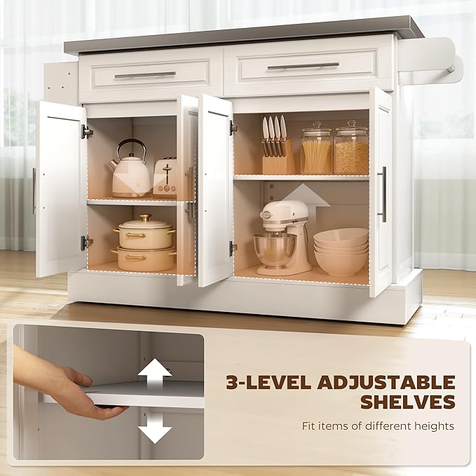 HOMCOM Rolling Kitchen Island Cart with 47" Stainless Steel Top, Portable Island Table for Kitchen with Wheels, Adjustable Shelves, 2 Drawers, Spice, Knife and Towel Rack, White
