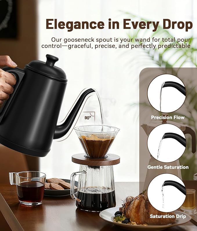 Gooseneck Electric Kettle, 1L Water Boiler, Pour Over Coffee & Tea, 1000W Fast Heating, Stainless Steel, Auto Shut-Off & Boil-Dry Protection, BPA-Free (Black)