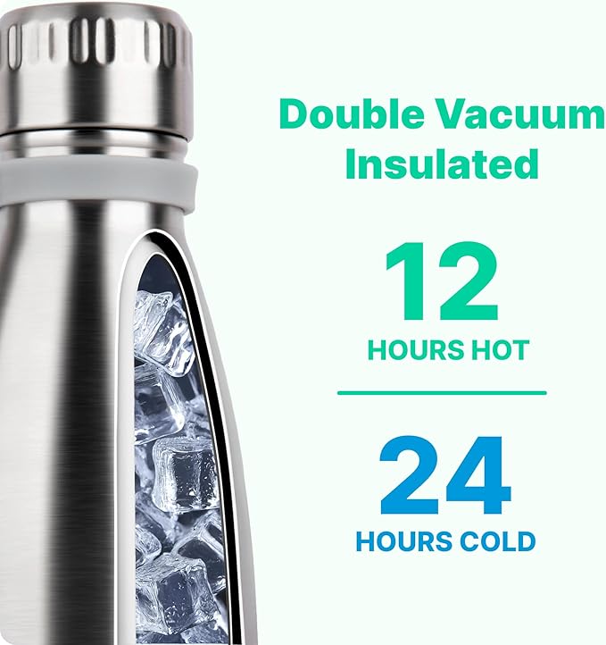 VINUR 9 oz Small Insulated Water Bottle for Kids Lunchbox -18/8 Stainless Steel Vacuum Leak-Proof Flask with Carry Rope for Sports Travel, Cola Shape, Silver