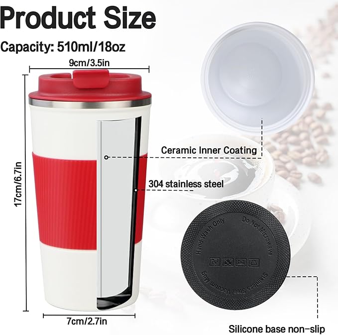18oz Double Insulated Coffee Mugs with Ceramic Coating, Coffee Mug with Lid, Coffee Travel Mug, Coffee Insulated Cup for Travel Office School