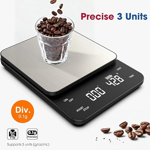 Mik-Nana Digital Coffee Scale with Integrated Timer, 0.1g High Precision Kitchen Food Scale for Pour Over and Espresso, 11lb/5kg Capacity, Large Backlit LCD Display (Batteries Included)