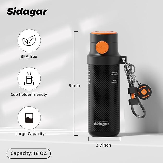 18 oz Insulated Water Bottle, Stainless Steel Travel Mug with Lid, Double Wall Vacuum Sports Water Bottle, BPA Free, Leak-Proof, Fits in Car Cup Holder, Great for Men Kid School, Black