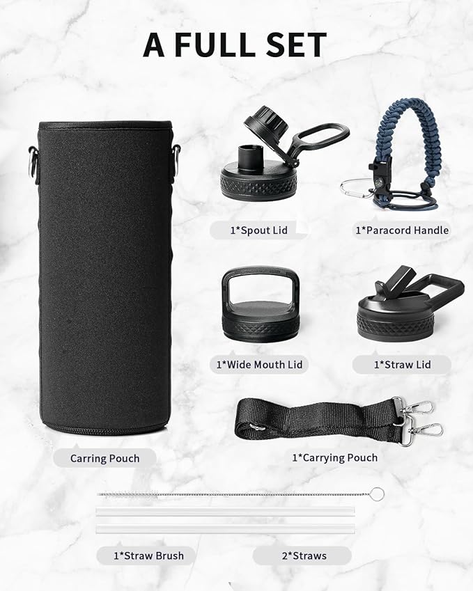 Trebo Water Bottle 40oz with Paracord Handle, Half Gallon Large Vacuum Double Wall Stainless Steel Insulated Water Jug with Holder Strap Straw Spout Lids, Leakproof Keep Cold & Hot, Grayish purple