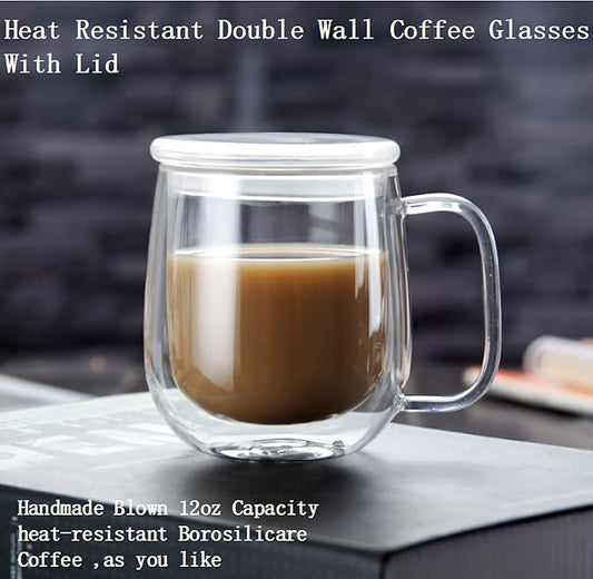 KNC Borosilicate Glass Coffee Mug with Lid Handle,12 oz Double-wall Insulated Milk coffee Cup, Thick Expresso Coffee Cups For Americano, Latte, Espresso, Cappuccinos Beverage and Tea, Clear