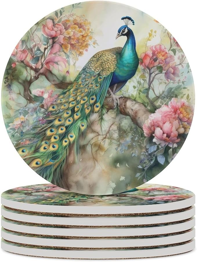 Round-6PCS Peacock Drink Coasters, Round Modern Ceramic Absorbent Coasters, Vintage Watercolor Style Floral Beautiful Peacock Decor Desk Coffee Table Coaster for Beverage Cup Tea Coasters